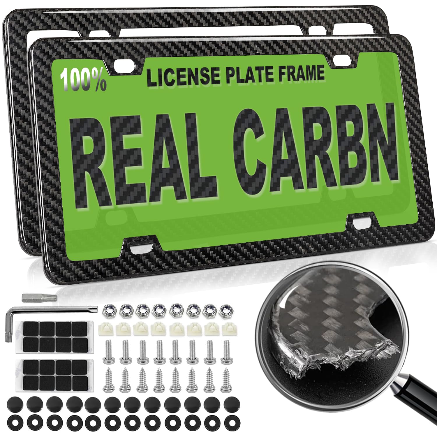 Photo 1 of Real Carbon Fiber License Plate Frame Cover 100% Pure Carbon License Plate Frame Black License Plate Holder Universal Car Tag Frame with Anti-Theft Screws & Caps - Front & Rear 2 Pack 4 Hole
