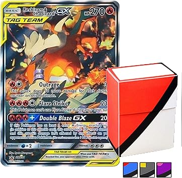 Reshiram Charizard Gx Tag Team Black Star Promo Holo Card Sm201 Foil Rare With Totem World Deck Box Compatible With Standard Pokemon Cards