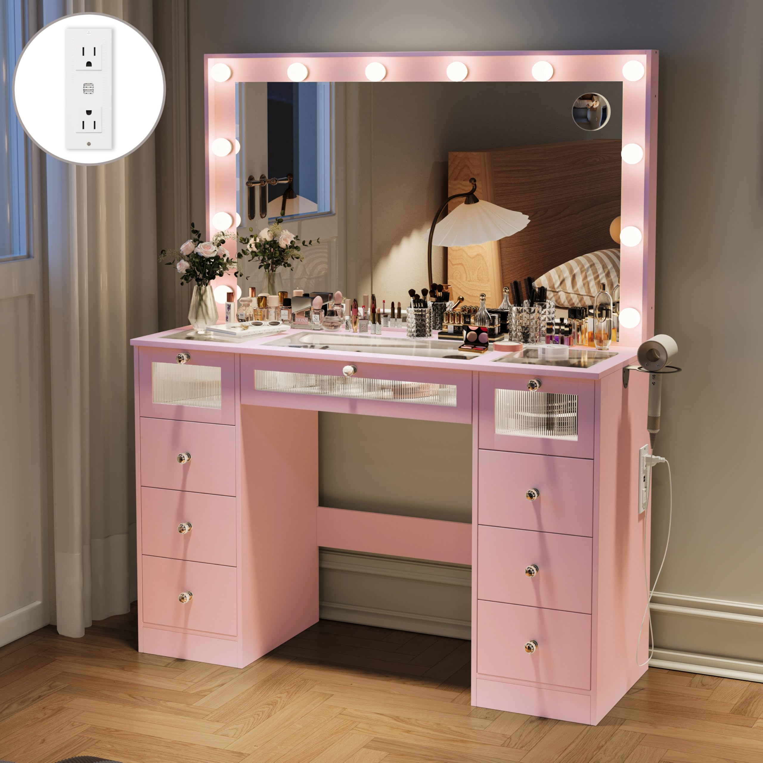 IFSEB Makeup Vanity Desk with LED Lights and Large 36.9’’ Mirror, 9 Drawers Vanity with Glass Top & 3 Color Hollywood Bulbs, Make Up Vanity with Charging Station & Crystal Knobs for Woman, Pink