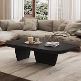 51.2" Modern Black Coffee Table for Living Room, All Wood Center Table | Rectangle Wood Living Room Table, Low Profile Tea Table,, Rounded Edges for Apartment, Home Office