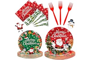LITMITFU 100 Pcs Merry Christmas Plates and Napkins Sets - Cute Winter Christmas Round Tableware, Disposable Chrismas Paper Plates and Napkins Forks for Xmas Party Supplies Favors Table Decor, Serves 25