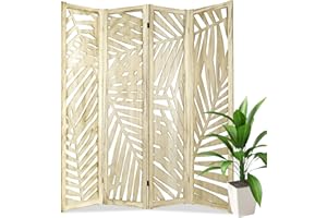 ECOMEX 4 Panel Cutout Room Divider Fully Assembled 5.6Ft Wooden Room Divider and Folding Screens, Carved Room Divider Screen Wall Partition for Home Office Restaurant Bedroom, Wood Color