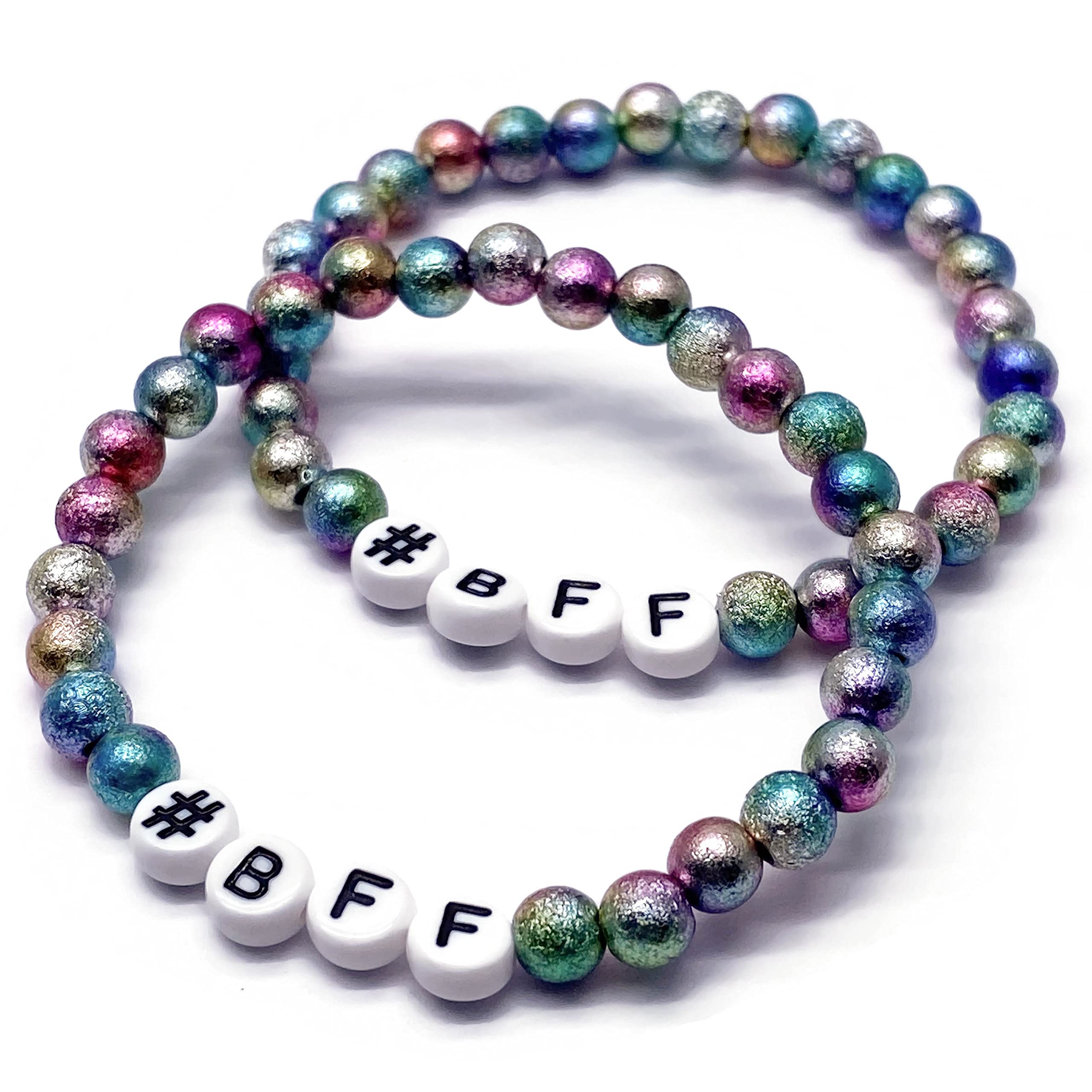 #BFF Set of 2 Bead Bracelets with 6mm Acrylic Sparkle Dust Multi-Colour Beads on Elastic : 6.5 inches, Bestie Jewellery, Gift for Best Friends