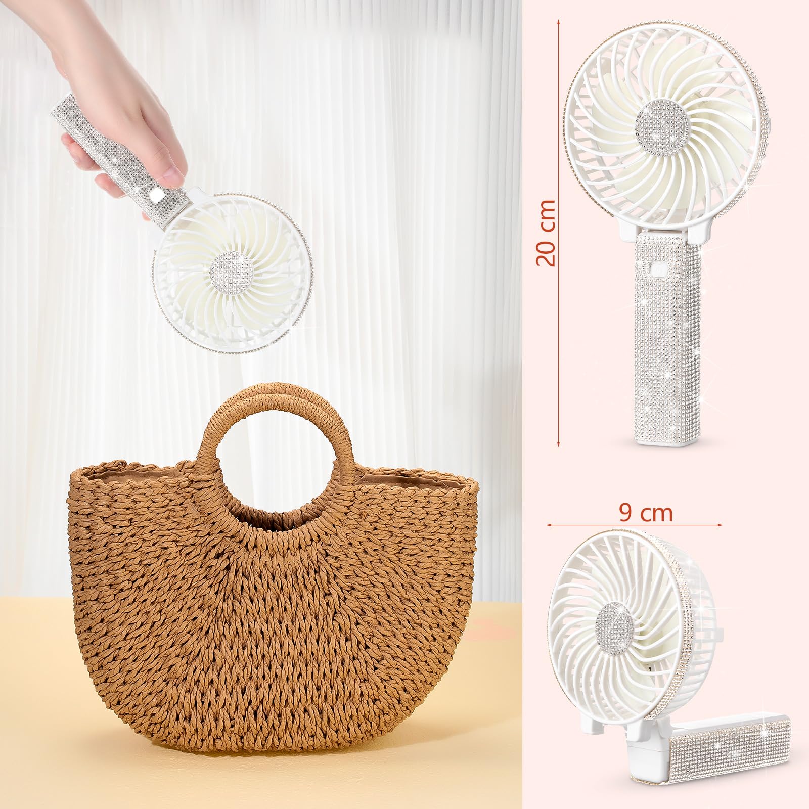 Mudder Rhinestone Handheld Fan Crystal Bling Mini Personal Fan Glitter Bedazzled Portable USB Rechargeable & Battery Operated for Girls Women Outdoor Travel Indoor Makeup Office(White,Foldable)