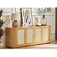 LKTART 64" Sideboard Buffet Cabinet with Storage, Wooden Fluted Storage Cabinet Sideboard with Adjustable Shelves Pressed Spring Rattan Doors for Kitchen Living Room (Natural)