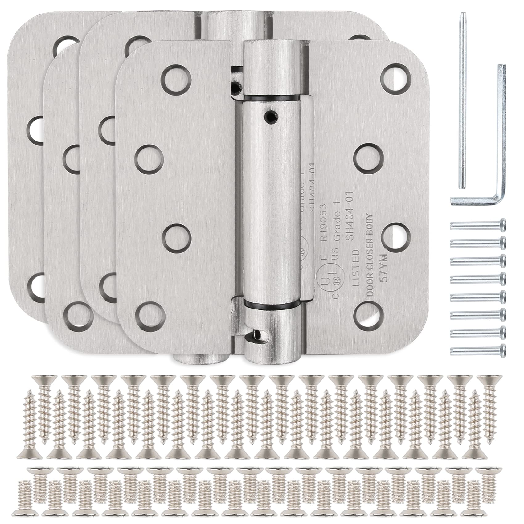 KIW Modern/Contemporary Satin Nickel 4" x 4" Self-Closing Door Hinges, 8 Holes, Steel, Brushed Finish, Mortise Mount, 4 Pack Image