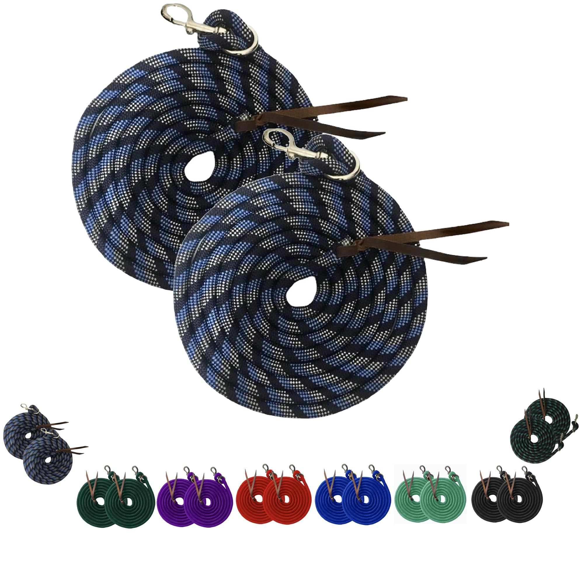 Majestic Ally 14' Pack of 2 Poly Training Lead Rope with Leather Popper for Horses & Livestock – 14 Foot Long and 5/8 inch Thick - Replaceable Heavy-Duty Bolt Snap (Navy-Blue-White)