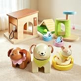 Tiny Land Wooden Dollhouse Animal Set for Toddlers, Dollhouse Accessories | Dolls House Furniture Sets for Toddlers, Montessori Pretend Play Family Pets Set Toys, Gift for Kids Age 3+