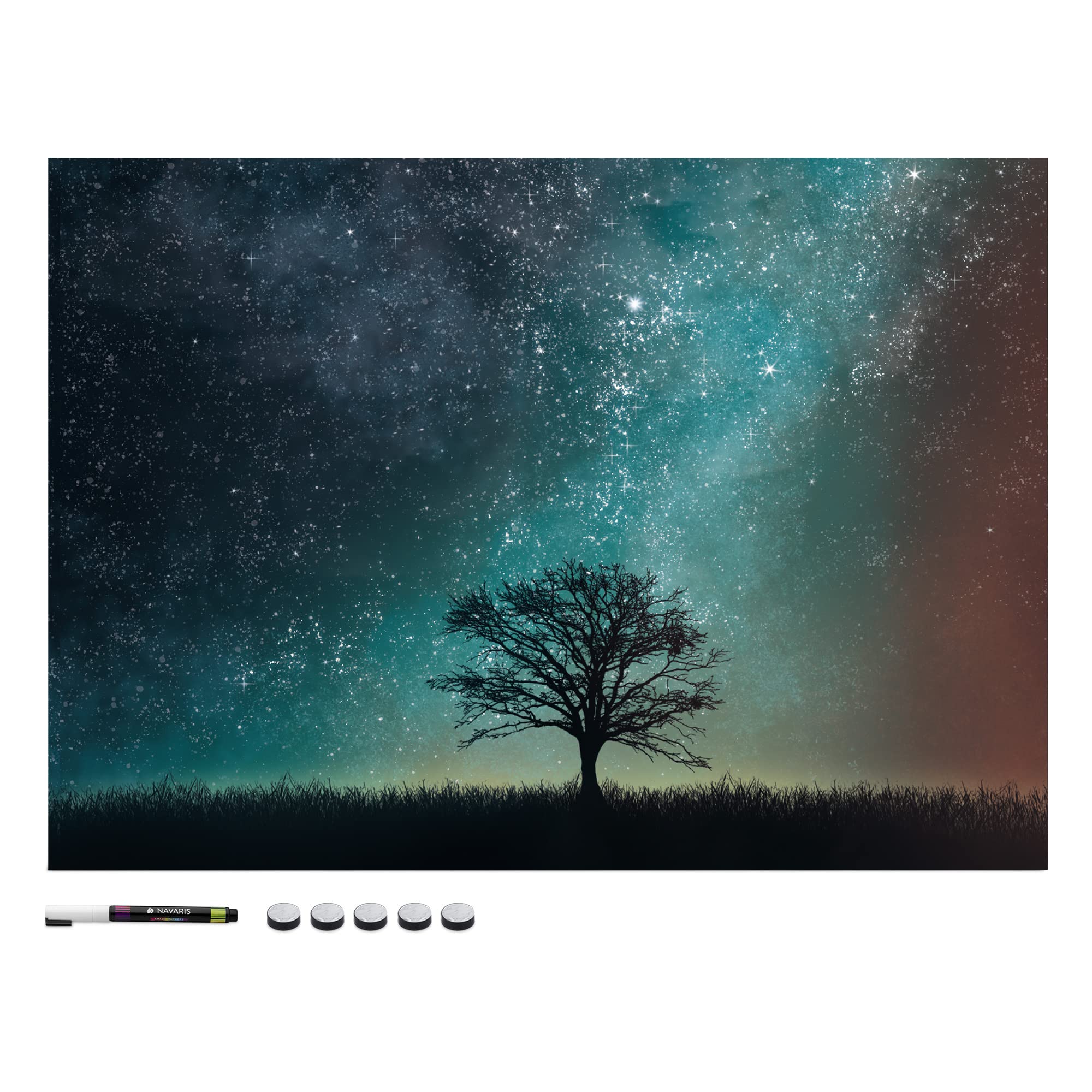 Navaris Magnetic Memo Board Whiteboard - 70 x 50 cm Dry Erase White Board with Design for Wall - Includes Marker and Magnets - Starry Night