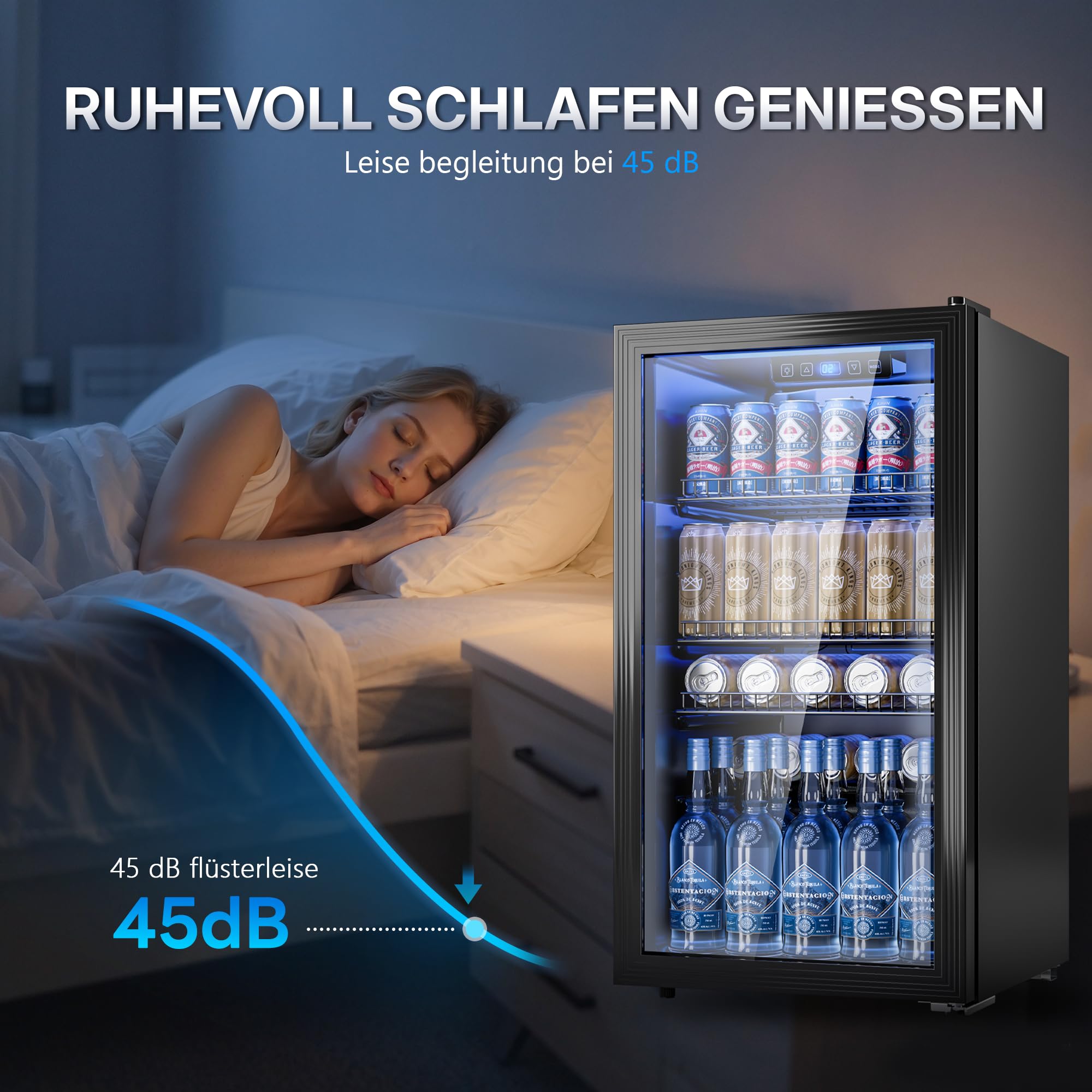 TRIUMPHKEY 90L Mini-Kühlschrank mit Glasfront (Glastür), Kompakter Getränkekühlschrank für bis zu 128 Dosen, mit verstellbaren Regalen für Bier, Wein, Soda, Ideal für Haushalt, Bar, Büro, Wohnung 6