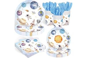 ASLERMURE 140PCS Space Themed Paper Plates Party Supplies Decorations, Birthday Paper Plates First Trip Around The Sun Astronaut Planet Cake Plate Tableware Dinner Set for Boys Girls Birthday Shower