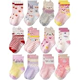 RATIVE Baby Girl Non Slip Grip Socks 12-Pack Soft Cotton Toddler Girl Socks
