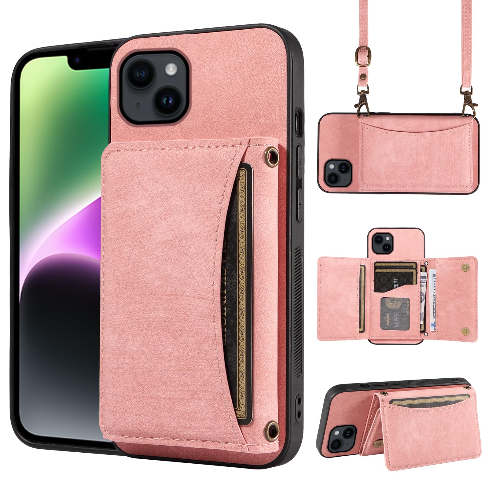 ELISORLI Phone Case For iPhone 14 6.1 inch Wallet Cover with Crossbody Shoulder Strap and Leather Credit Card Holder Pocket Slim Cell Accessories iPhone14 5G i i-Phone i14 iPhone14case Girls Pink