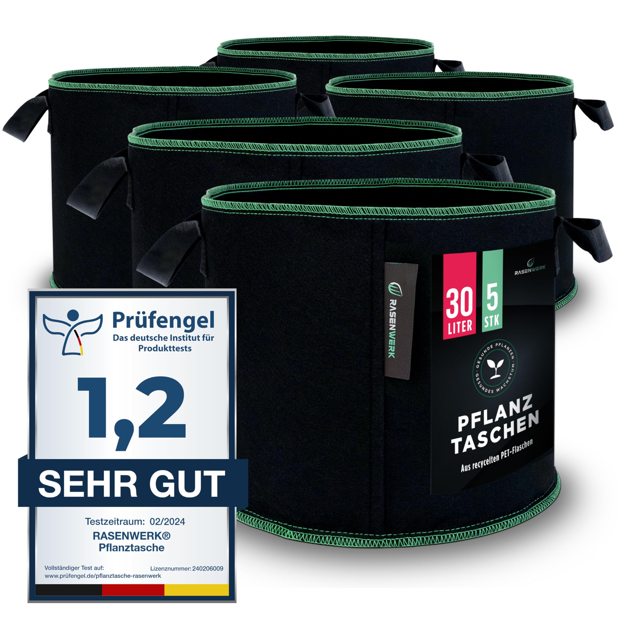 RASENWERK® - 30 litre plant bag made of non-woven fabric - plant bag for garden, greenhouse and balcony - plant bag for flowers, tomatoes and plants - ideal alternative to flower pot - pack of 5