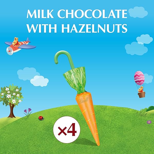 LINDT CHOCOLATE CARROTS, SOLID MILK CHOCOLATE EASTER CANDY BLENDED WITH HAZELNUT, 1.9 OZ BOX