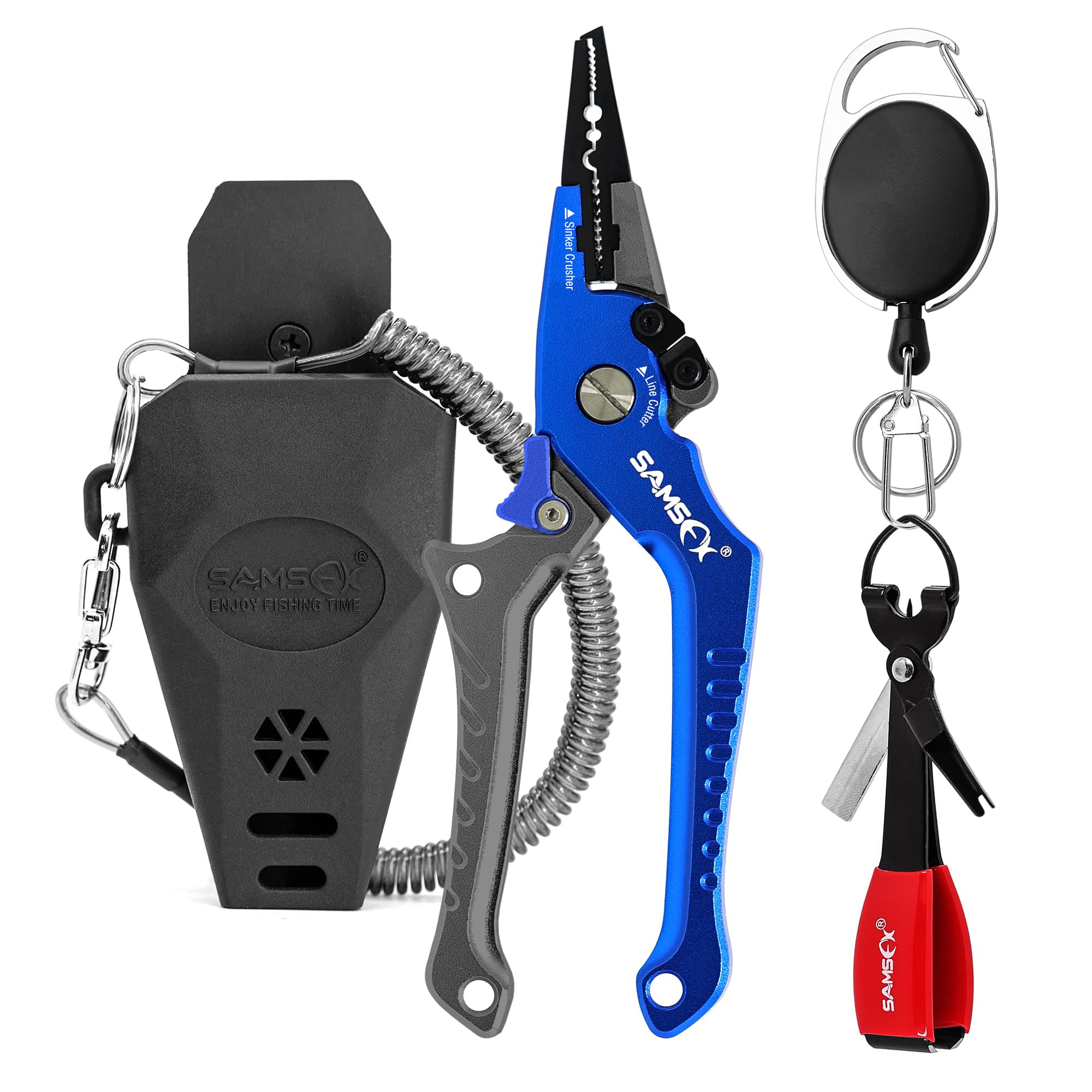 SAMSFX Aluminum Fishing Locking Pliers Saltwater Braid Cutter Hook Remover Pliers with Lanyard and Sheath, Quick Knot Tool Combo