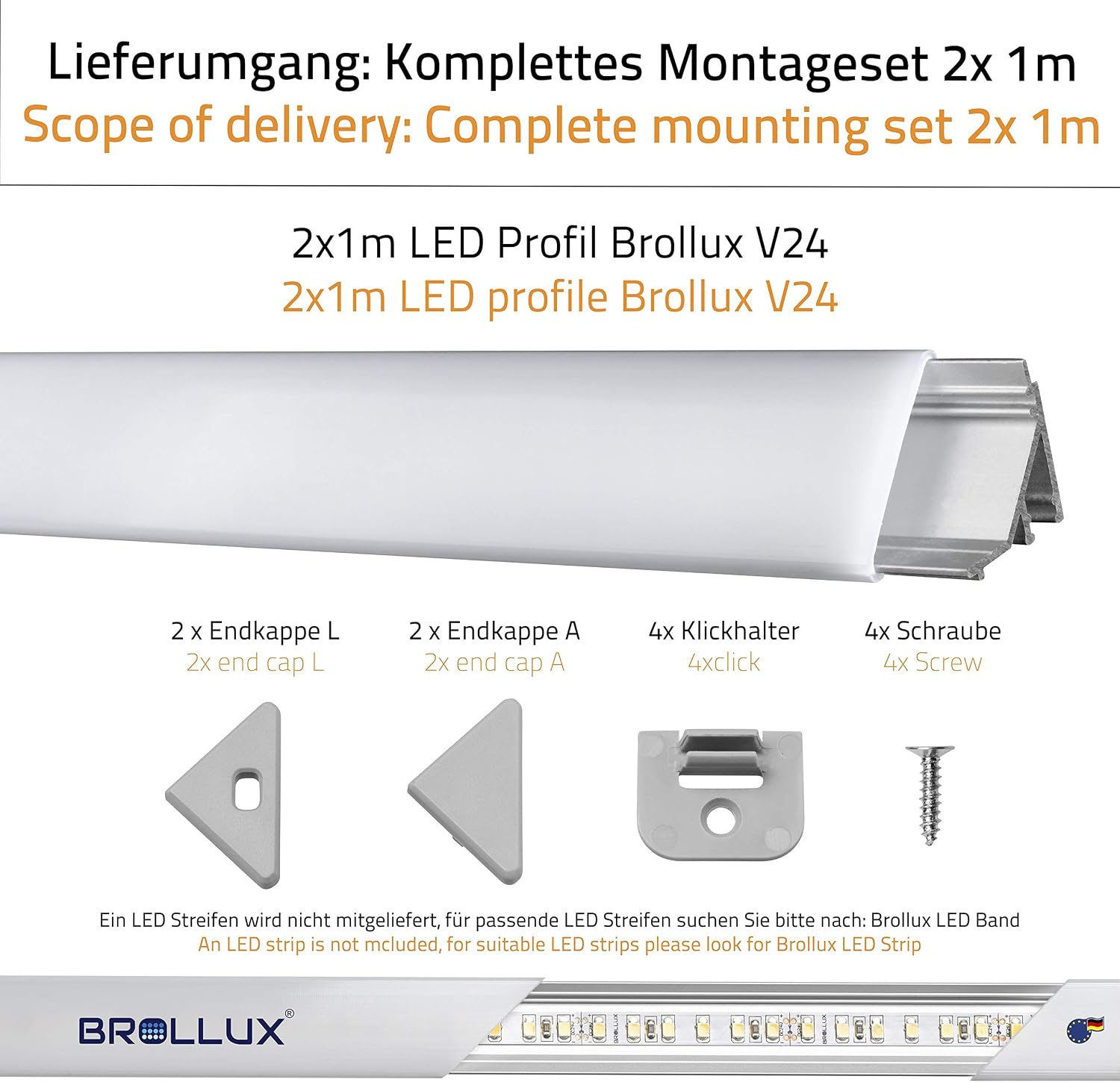 Brollux LED Corner Profile V24, Set 2 m (2 x 1 m) Aluminium Profile 45 Degree Corner Aluminium for LED Strip Light Strip - Image 3