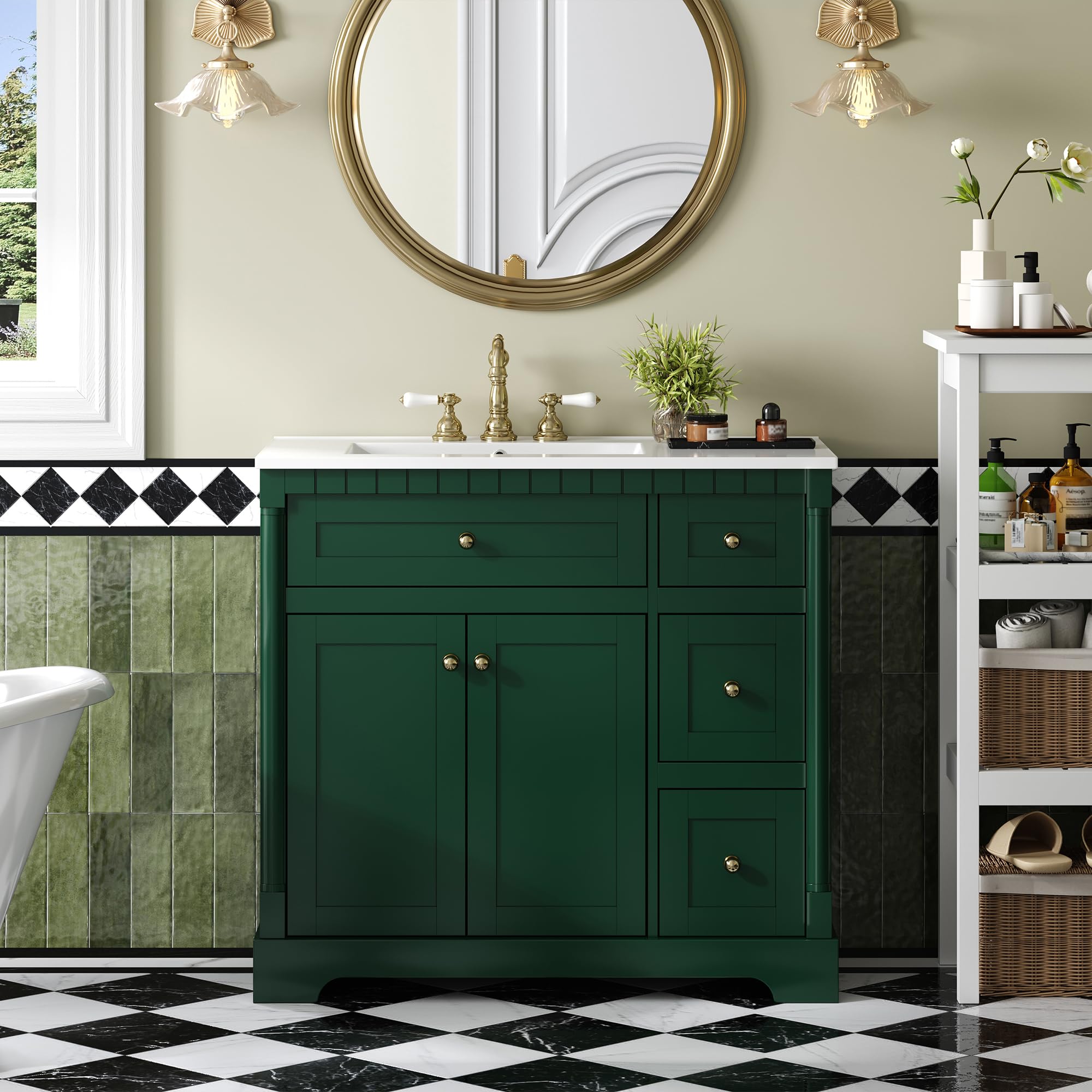 Photo 1 of **MAJOR DAMAGE TO LONG WOOD PIECE**Merax 36" Bathroom Vanity with Sink, Modern Solid Wood Frame Bathroom Vanity Storage Cabinet with Adjustable Shelf, Ceramic Sink Top, Soft Closing Doors, 3 Drawers and Tip Out Drawer, Green