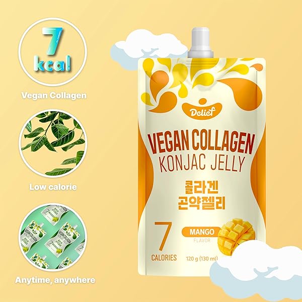 DELIEF VEGAN COLLAGEN KONJAC JELLY (MANGO FLAVOR) 120G X 10 PACKS – LOW-CALORIE FRUIT GEL SNACK, GLUTEN-FREE, PLANT-BASED, 7 KCAL PER POUCH