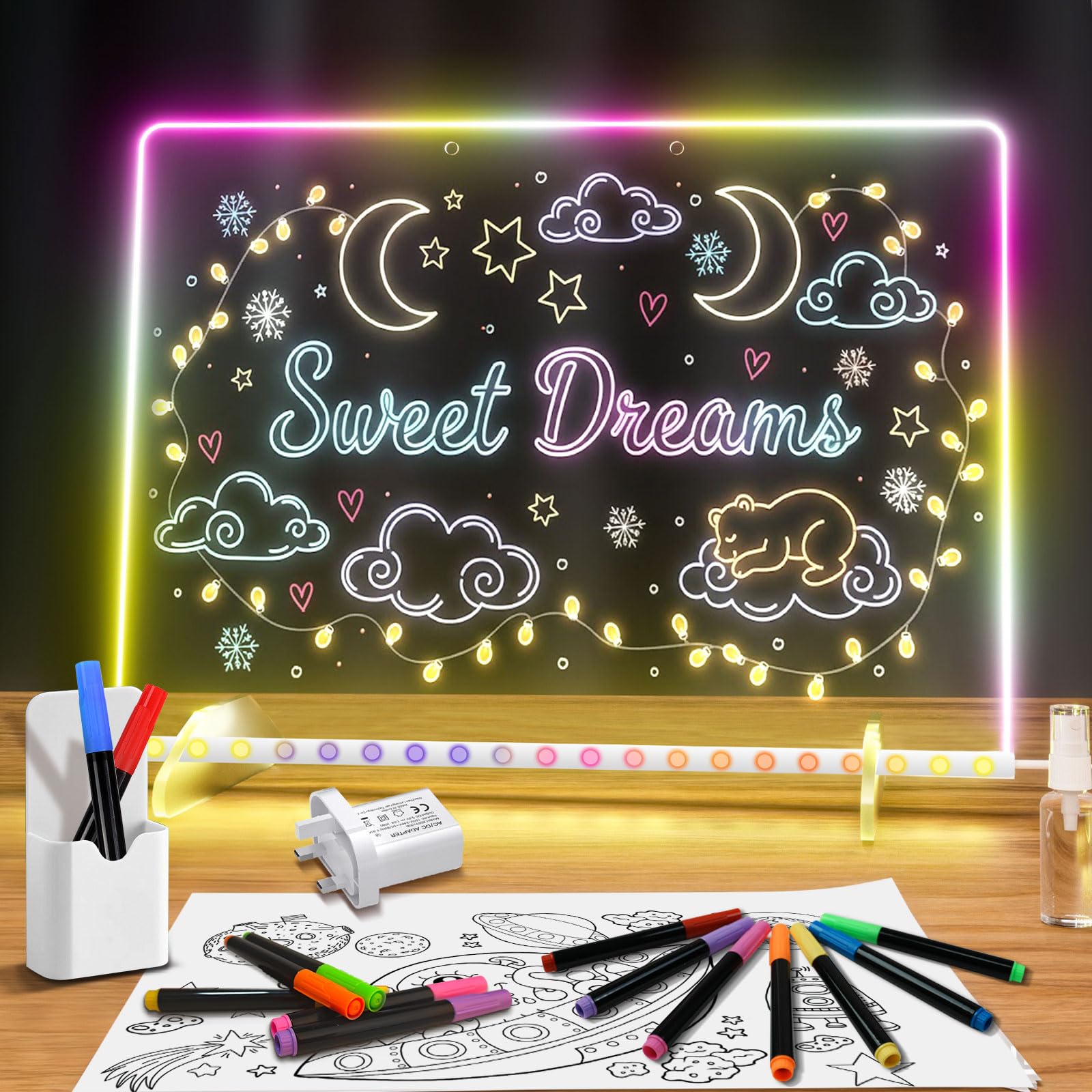Solorage Led Drawing Board for Children with 8 Colors 6 Light Modes, Light Up Acrylic Doodle Glow Board with 14 Color Pens for Kids, Reusable Magic Board Ideal for Festivities, 35 * 25cm