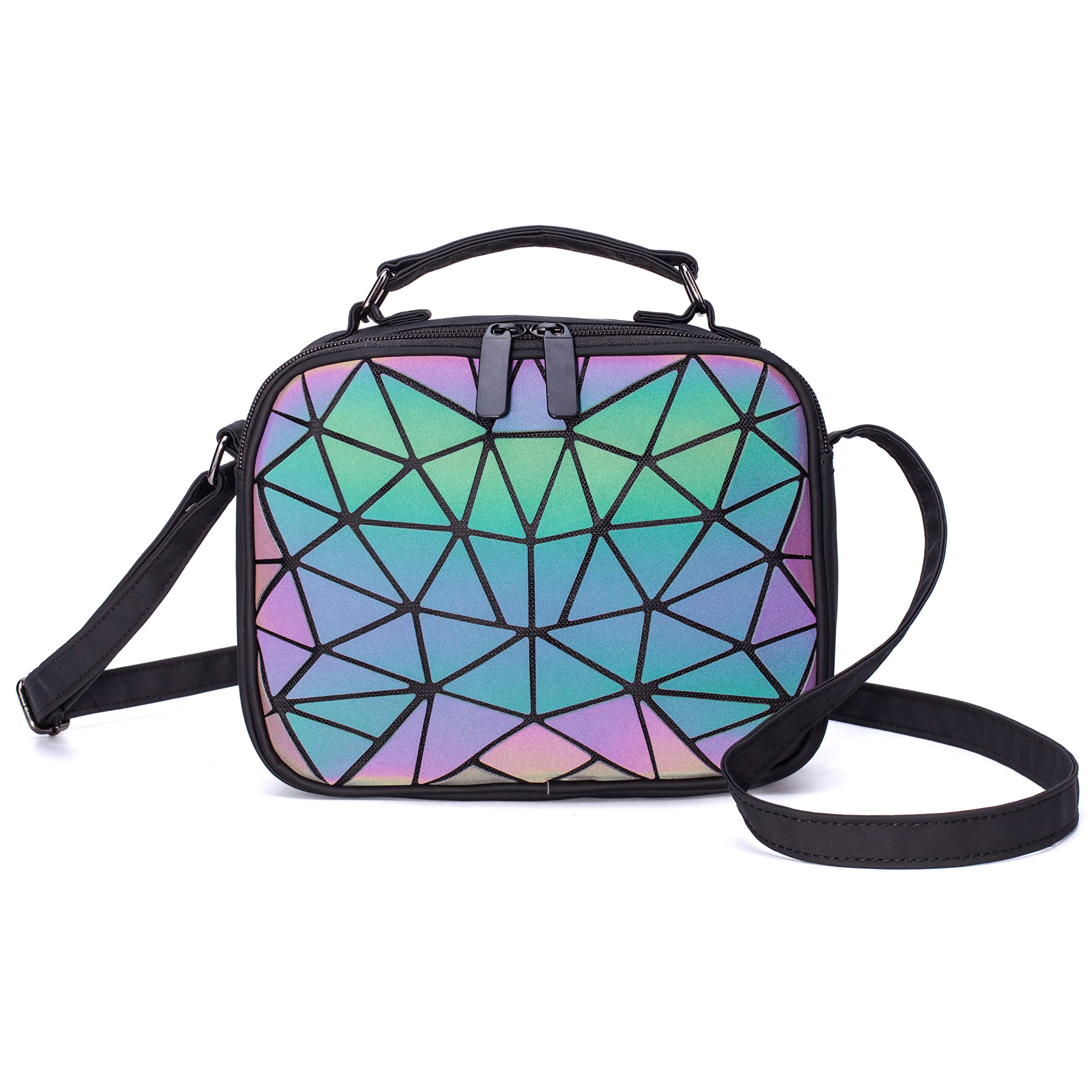RANSUU Geometric Holographic Crossbody Purses and Handbags for Women, Luminous Top-handle Bag Flash Reflective Messenger Clutch Bag Hologram Shoulder Bag with Shard Lattice Design