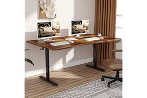 Veken 63 x 28 Inch Electric Standing Desk, Sit to Stand Up, Work Home Office Computer Table for Study, Walking Pad, Writing, and Games, Wooden Desktop Desks, Brown