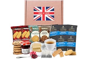 HOUSE OF GIFTS British Tea & Biscuits Gift Hamper With Walkers Shortbread, Scotland Tea & Biscuits Including Bonne Maman Jam | Full of Snacks made in Scotland | From the United Kingdom | British Gift