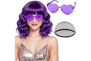 PLULON Dark Purple Wavy Bob Wigs with Bangs Heart Sunglasses Hair Cap for Women, Colored Synthetic Hair Short Curly Bob Loose Curly Shoulder Length Wigs for Cosplay Costume Bachelorette Party