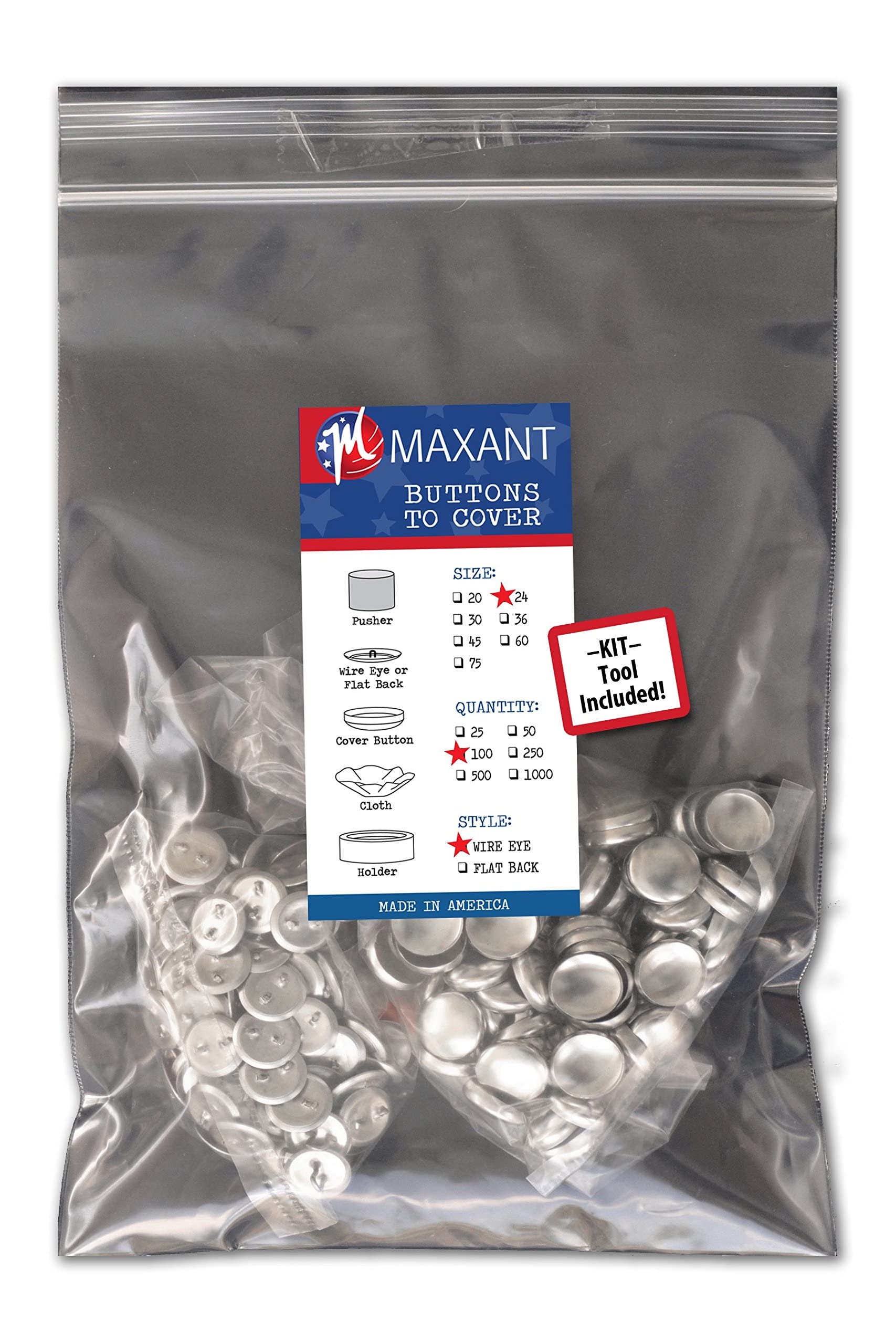 100 Buttons to Cover - Made in USA - Self Cover Buttons with Wire Eyes Size 24 (14.5mm) with Tool