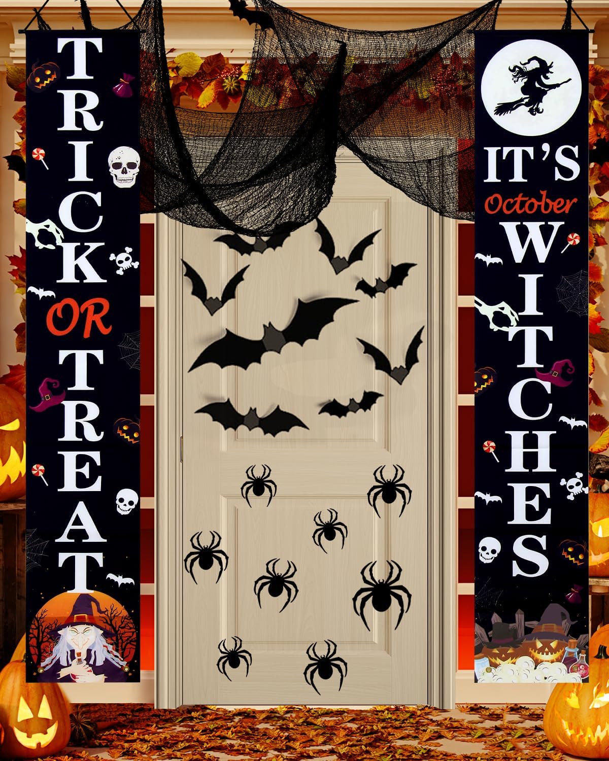 Yard Signs - 29 Pcs Halloween Porch Decorations Outdoor Kits - 24 Pcs 3D Bats and Spiders Halloween Wall Stickers, 3 Pcs Creepy Cloth, Trick or Treat & It's October Large Witches Front Porch Halloween for Halloween Porch Decor