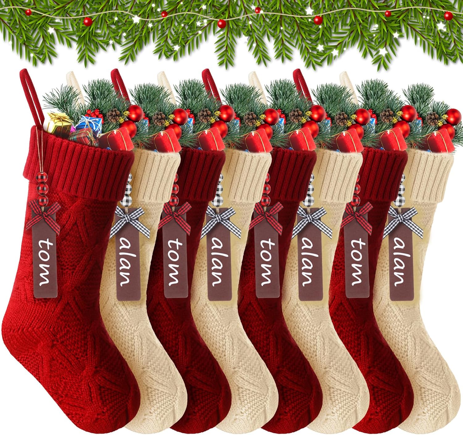 Stockings & Holders - Jenaai 8 Set Christmas Stockings, 18 Inch Large Knitted Xmas Hanging Stocking Decorations with 8 Name Tags and 1 Marker Double Sided Stockings for Christmas Decor Gifts, White Red (Diamond)