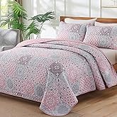 Dobuyly Pink Grey Quilt Set Queen Size, Boho Plaid Patchwork Bedspreads Coverlet Set, 3 Pieces Soft Lightweight Microfiber Summer Quilt Bedding Set for All Seasons 96"x90"