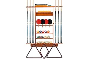 Billmart Wall Mount Pool Stick Holder, 2-in-1 Pool Stick & Ping Pong Paddle Holder, Solid Wood Cue Rack with Storage for Pool Table Accessories, Amber