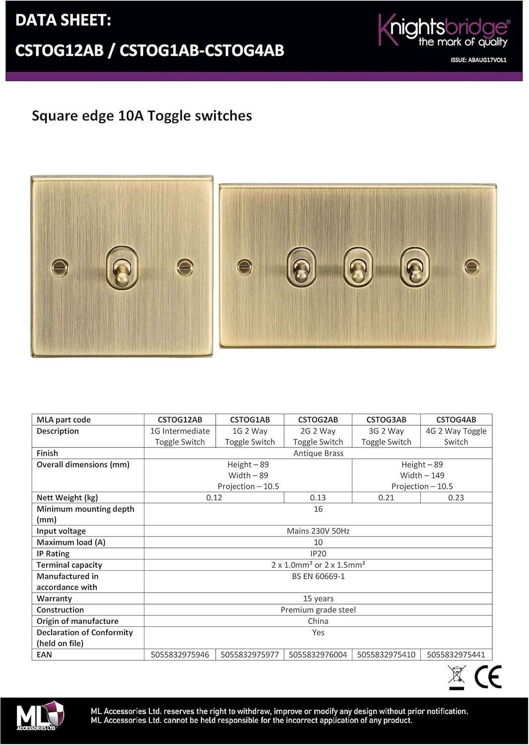 10AX 1G 2 Way Toggle Switch - Square Edge Antique Brass - Image 4