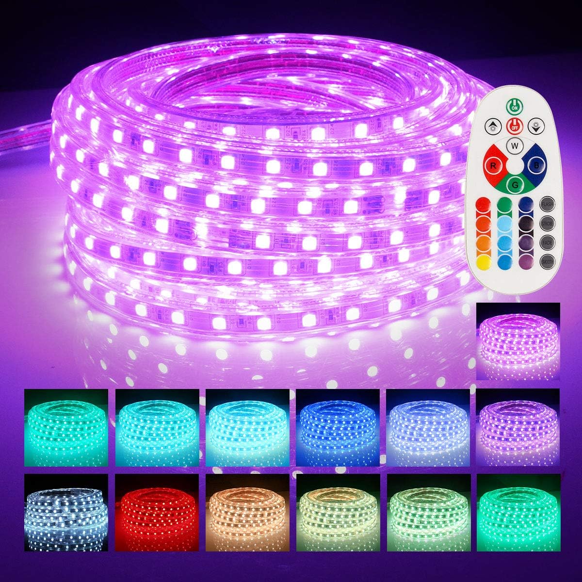 LED Strip Lights, Remote Controller RGB Waterproof Rope Light, Flexible Multi-Color Change LED Strip Rope Wire Light for Party Holiday Home Decoration 5050 SMD 60 LEDs/M 110V 40 FT