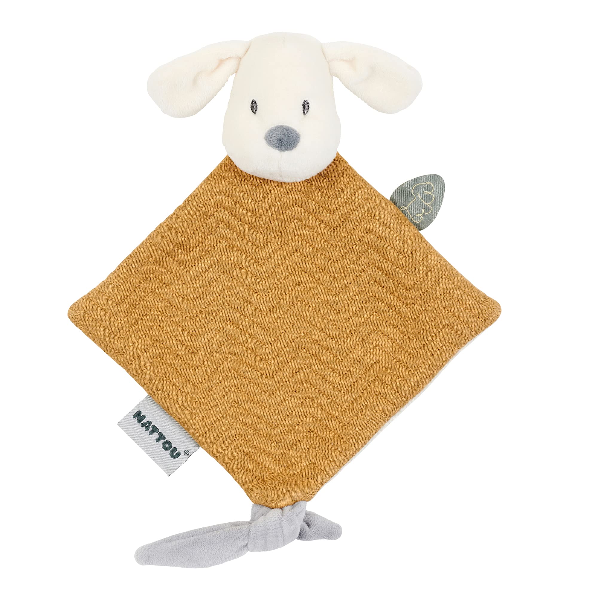 Nattou Comforter Doudou with Ties, 30 x 20 cm, Cuddly Snuggle Blankie, Security Blanket, Extra Soft Cotton/Polyester, Machine Washable, PETA-Approved Vegan, Jacquard, Vanilla Charlie the Dog, Caramel