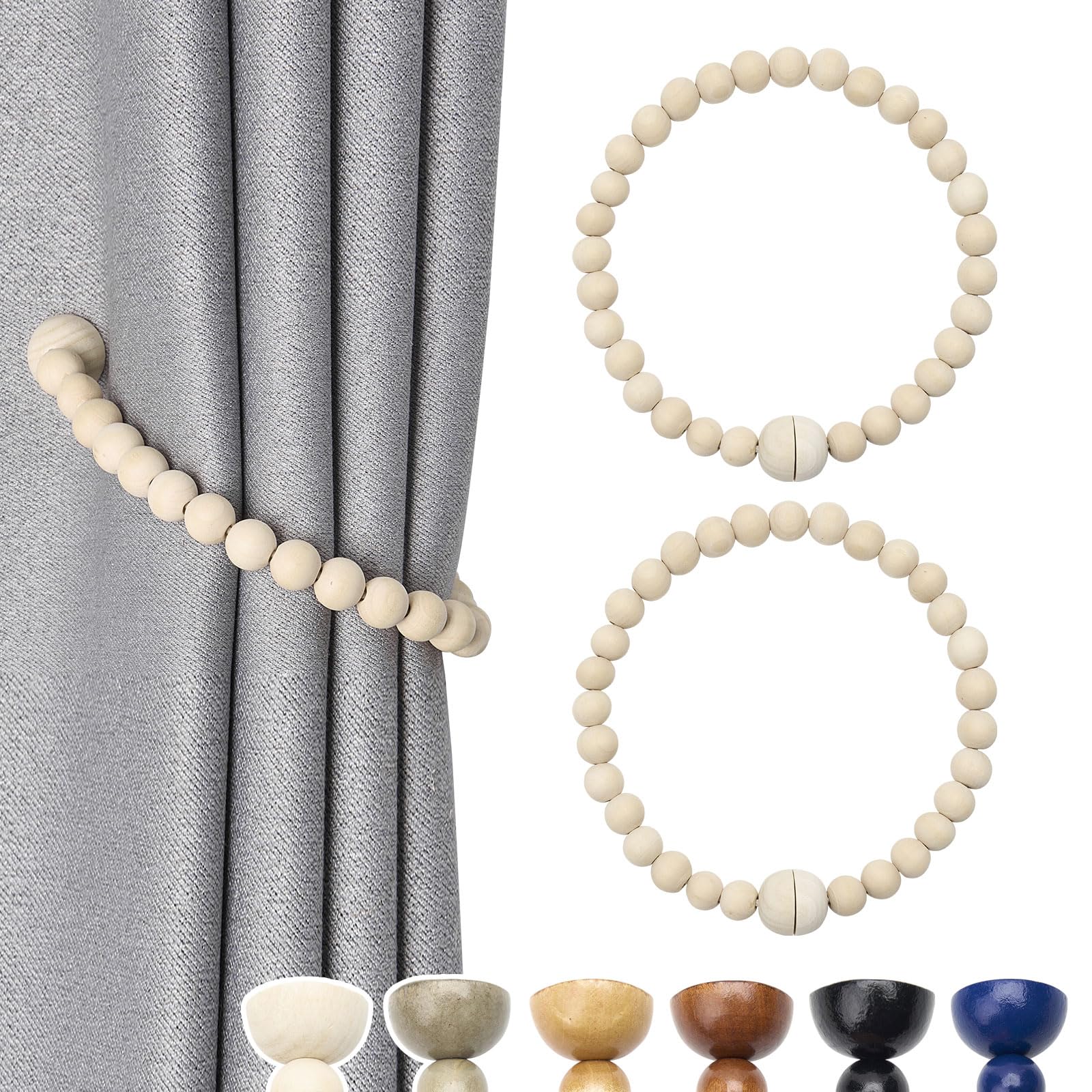 Pretty Jolly 2 Pack Wood Bead Curtain Tiebacks Boho Farmhouse Decor Drape Tie Backs Strong Magnetic Natural Wooden Beaded Curtain Holdbacks for Home & Office Outdoor Window Draperies (Natural)