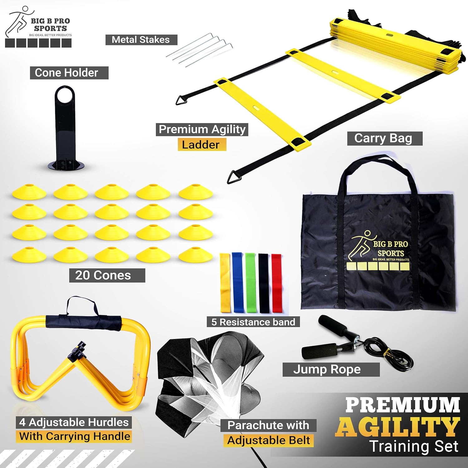 Big B Pro Sports Speed Agility Training Set - Includes Ladder, 20 Cones with Holder, Running Parachute, Jump Rope, Resistance Bands, and Hurdles for Training Football, Soccer, and Basketball Athletes : Sports & Outdoors