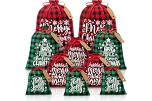 FLOE 10 PCS Christmas Drawstring Gift Bags with Tags, Buffalo Plaid Xmas Gift Bags Assorted Sizes Bulk, Cotton Fabric Holiday Gift Bags Large Medium Small Wrapping Bags for Xmas Presents Decor Party Favors