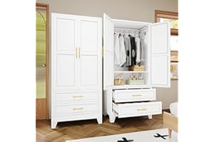 RISTERN RIETERN Metal Armoire Wardrobe Closet, 71" Tall Bedroom Closet with 2 Drawers, Adjustable Shelves, and Hanging Rod, Steel Clothes Closets and Storage, for Bedroom White