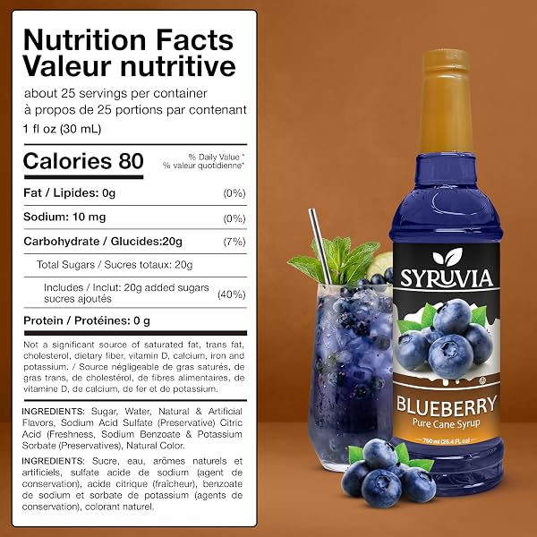 SYRUVIA BLUEBERRY SYRUP, FLAVORED SYRUP FOR DRINKS, COCKTAILS, LEMONADES, ICED TEAS, AND DESSERTS – 25.4 FL OZ