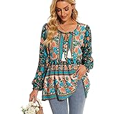 Vogebund Women's Floral Boho Tunic Tops Casual Long Sleeve Loose Beach Blouses Self-Tie V Neck T Shirts