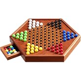 14.2" Wooden Chinese Checkers Board Game with Storage Drawer, 2-6 Players | 72 Acrylic Marbles (60+12) &ndash; 16mm Size For Easy Grasping. Classic Family Strategy Game For Kids &amp; Adults. Fun For Game Night