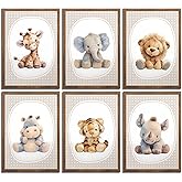 6pcs Nursery Animal Canvas Wall Art Safari Elephant Giraffe Posters Prints Kids Boy Wall Decor Pictures for Baby Boy Girl Toddler Kids Room Decorate Unframed
