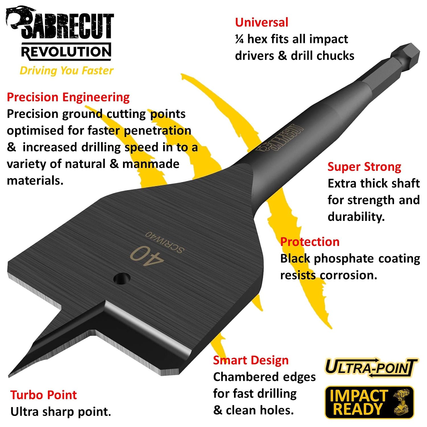 5 x SabreCut SCRIW40_5 40mm x 152mm Impact Rated Flat Wood Spade Bits for Softwood Hardwood Chipboard - Image 3