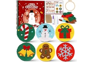 Sukhumvit 6PCS Christmas Punch Needle Coaster Kit, Beginners Punch Needle Set with 6 Tufted Patterns, Yarns, Hoop & Adhesive Pads, Starter DIY Embroidery Coasters Kit for Tufted Crafts Christmas Gifts