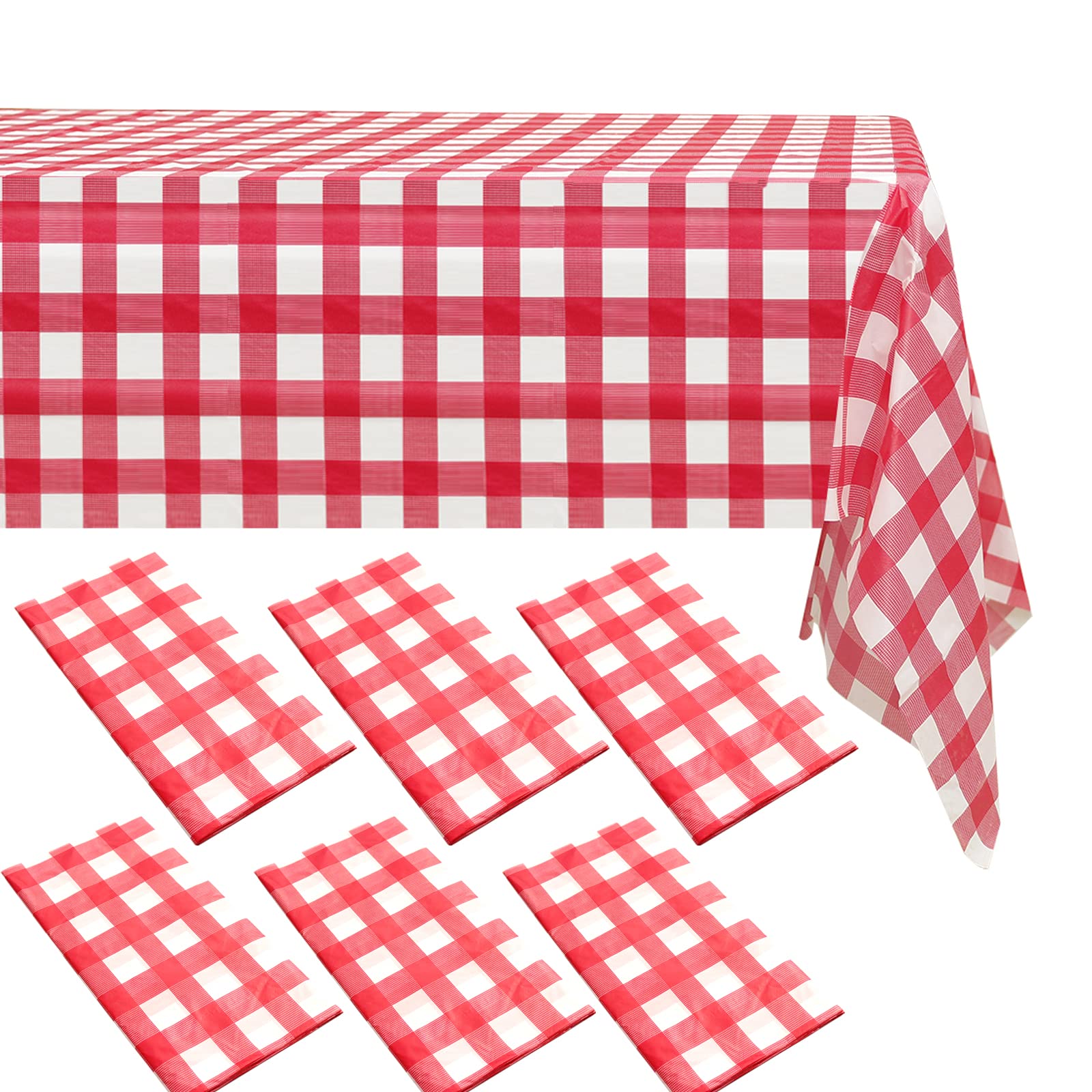 ZeriTlolen 6 Packs Red Gingham Checkered Table Cloth Party 54x108 inch Plastic isposable Cover White Tablecloth Clothes for Parties BBQ Picnic Birthday Wedding