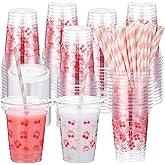 Jingmore 50 Sets Pink Cherry Disposable Plastic Cups with Lid and Straw 12 oz Cherry Theme Plastic Drinking Cups Clear Cocktail Tumblers for Coquette Birthday Bachelor Party Supplies
