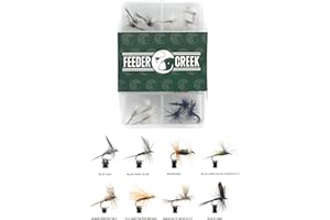 Feeder Creek Fly Fishing Assortment, 24 Dry Flies in 8 Patterns (Adams, Renegade, Dun & More) Trout & Bass Flies | Size 14, Includes Fly Box