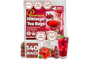 FreshDrinkUS, Premium 140 Hibiscus Flowers Tea Bags, 100% Natural, Pure from Hibiscus Flowers. Loose Flower Hibiscus Herbal Tea. Hibiscus Flower Tea. No Sugar, No Caffeine, No Gluten, Vegan.